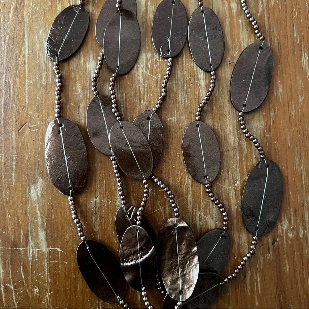 Philippines Multi-Strand Brown Statement Necklace & Earring Set Oval Disc